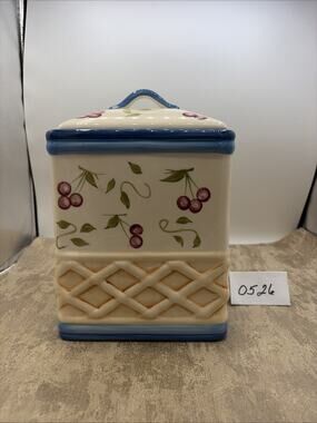 Large Inspirado Square Hand Painted BISCOTTI COOKIE JAR Cherry Basket Weave